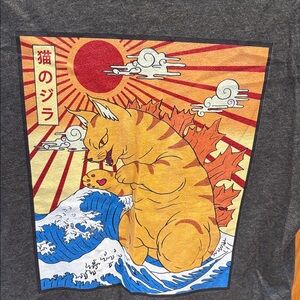 Port & Company Catzilla Japanese Art Cat Grey T-shirt Top M